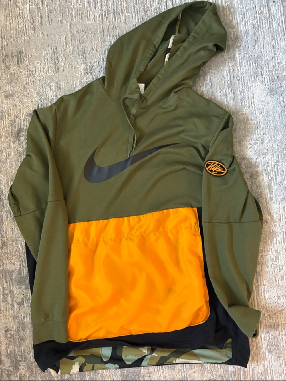 Nike Olive Green and Orange Colorblock Pullover Hoodie